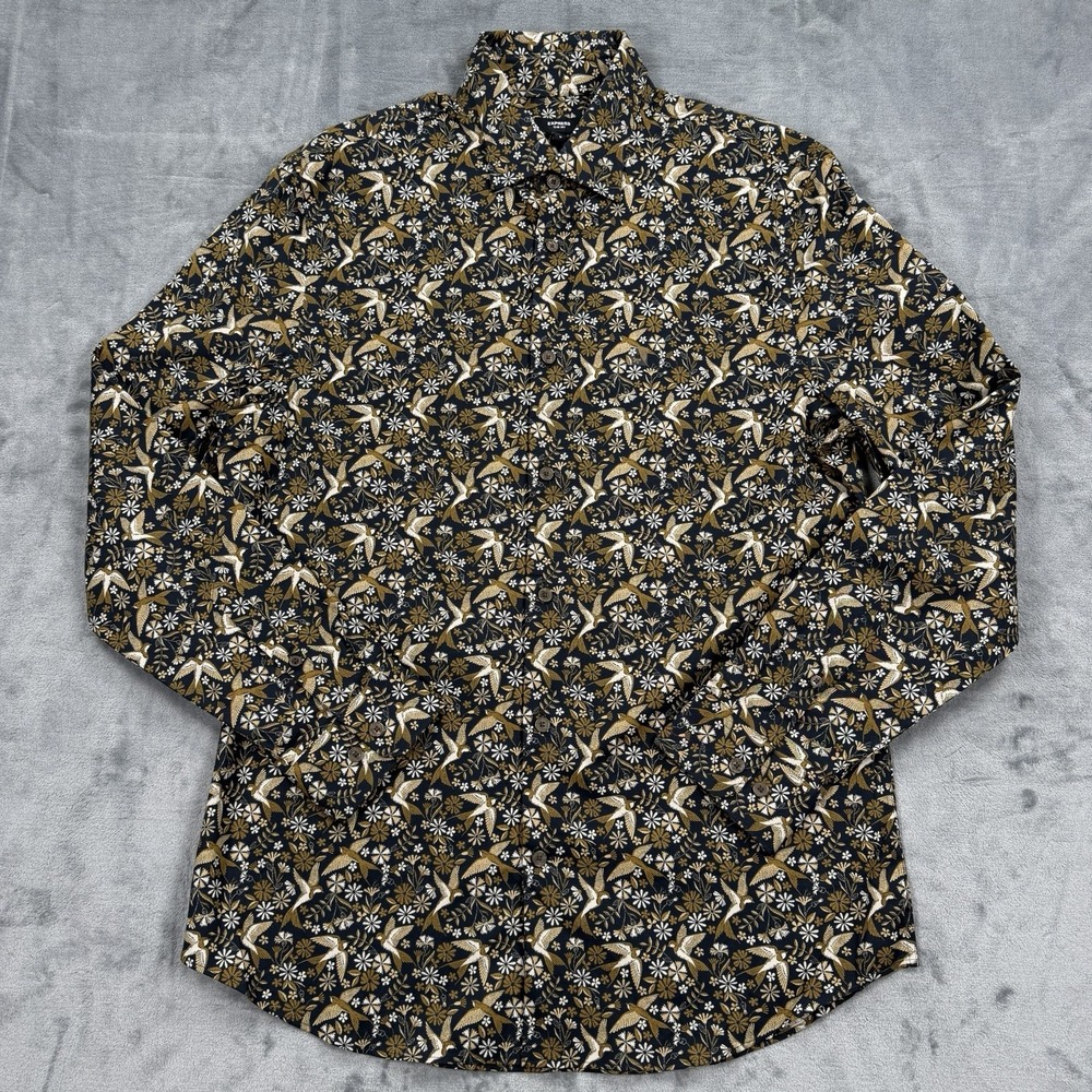Express Button Up Mens Medium Bird Floral Print Navy Gold Stretch Cotton NWT